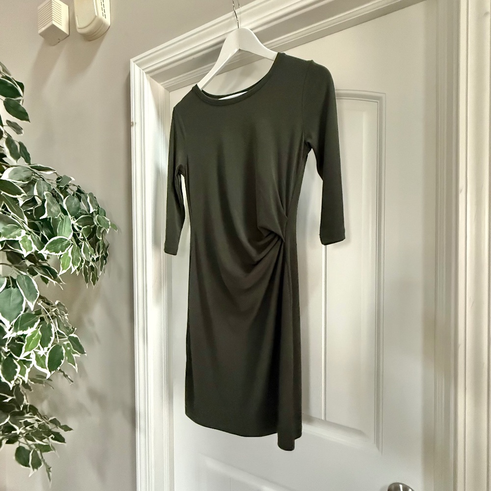 Banana Republic Green Ruched Side Knot Dress 3/4 Sleeve XS